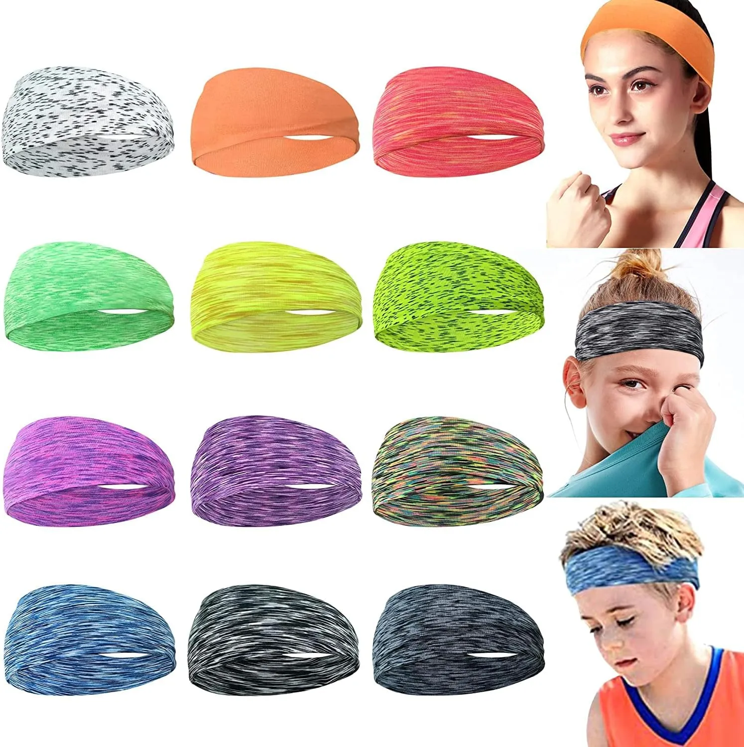 12 Colors Sweat Headbands Breathable Athletic Sweatbands Yoga Sports Headbands for Girls and Boys Soft Moisture Wicking Elastic Hairband for Girls and Teenagers Adults