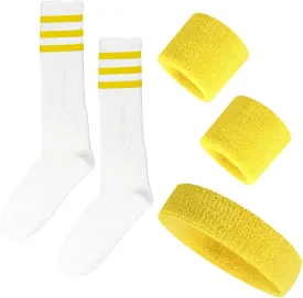 5 Pieces Sweatbands Set and Striped Socks 80s Sweatbands 90s Costume Wrist Sweat Bands for Men and Women Sports Headbands