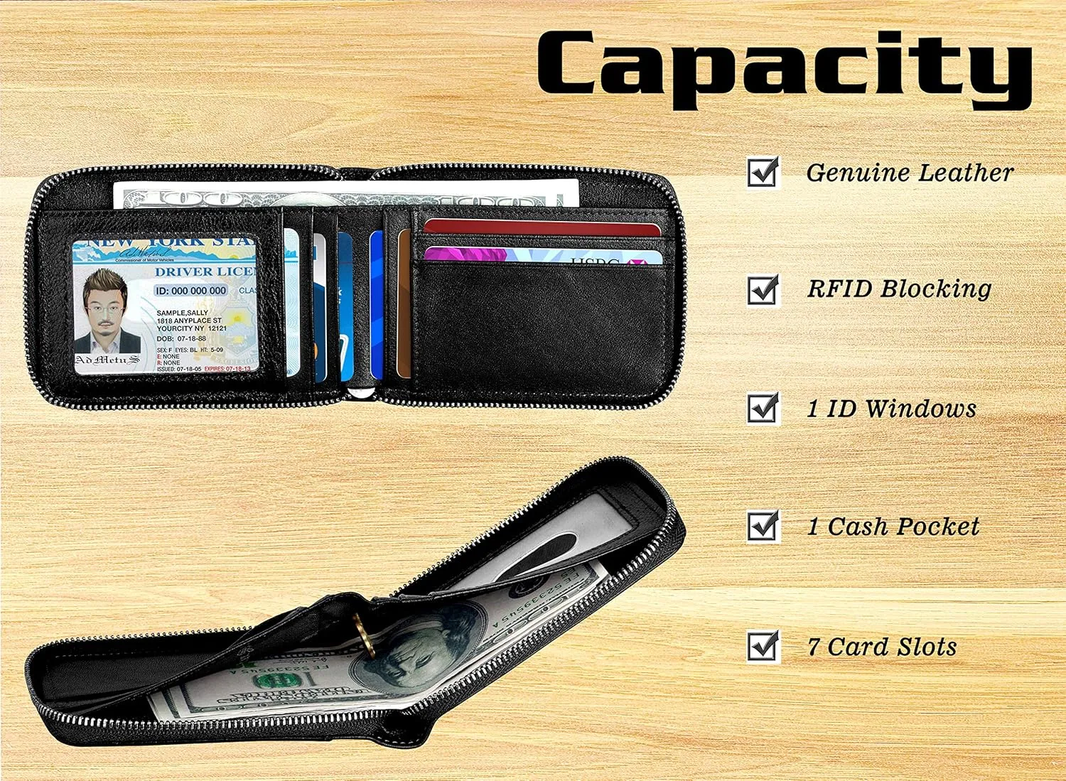 Admetus Men's Zipper Wallet Leather Bifold Wallets Slim RFID Blocking Zip Around Credit Card Holder Compact Small Wallet