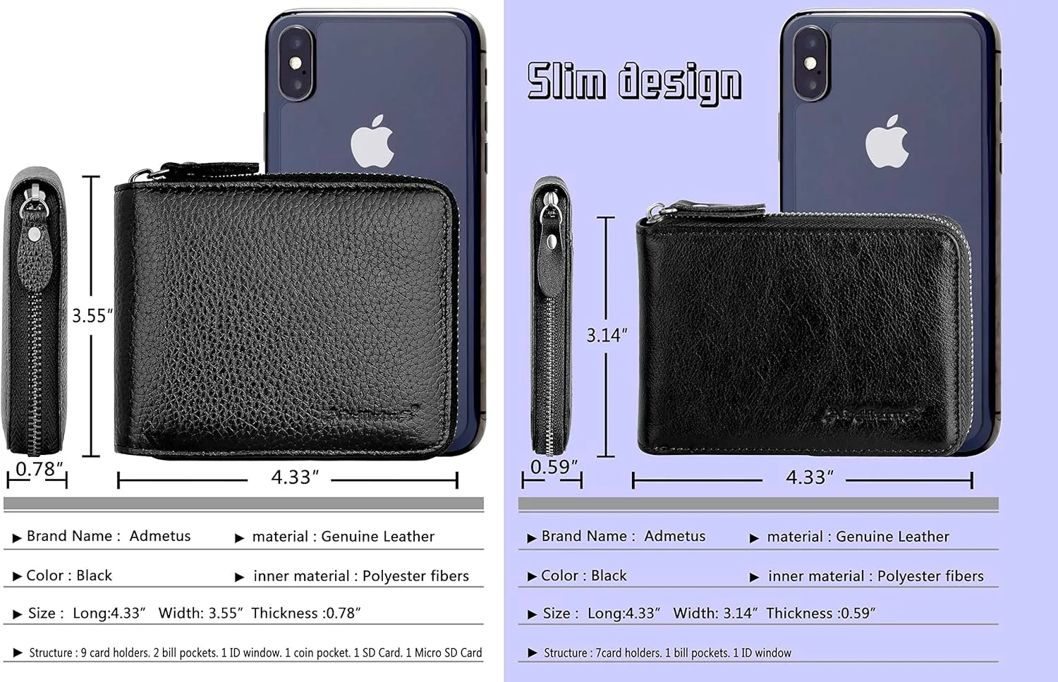 Admetus Men's Zipper Wallet Leather Bifold Wallets Slim RFID Blocking Zip Around Credit Card Holder Compact Small Wallet