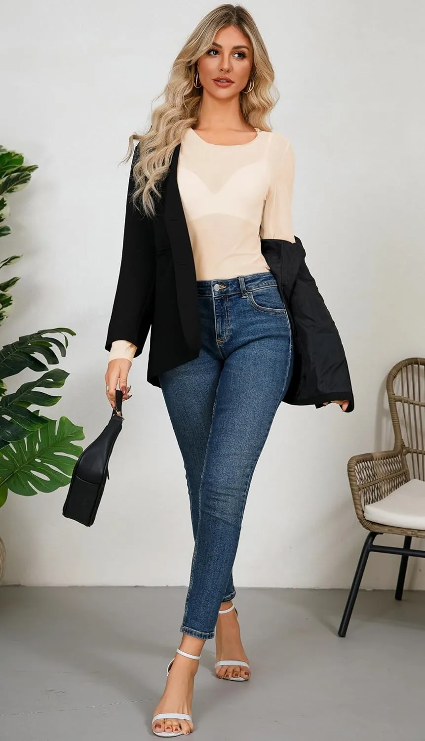 AISEW Womens Lace Floral Long Sleeve Mesh Tops Round Neck Sheer Blouse Sexy See Through Layering Top Shirts
