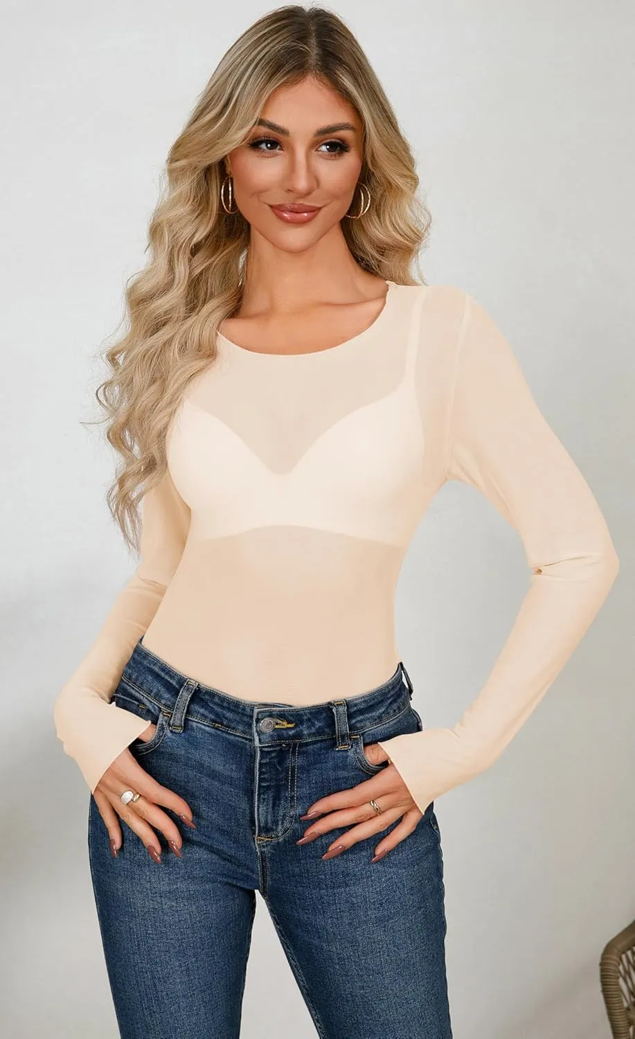 AISEW Womens Lace Floral Long Sleeve Mesh Tops Round Neck Sheer Blouse Sexy See Through Layering Top Shirts