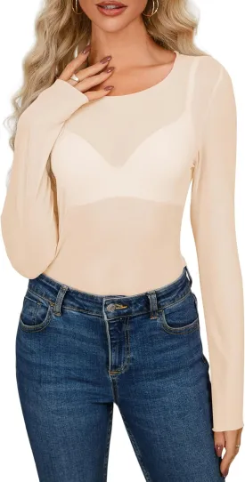 AISEW Womens Lace Floral Long Sleeve Mesh Tops Round Neck Sheer Blouse Sexy See Through Layering Top Shirts
