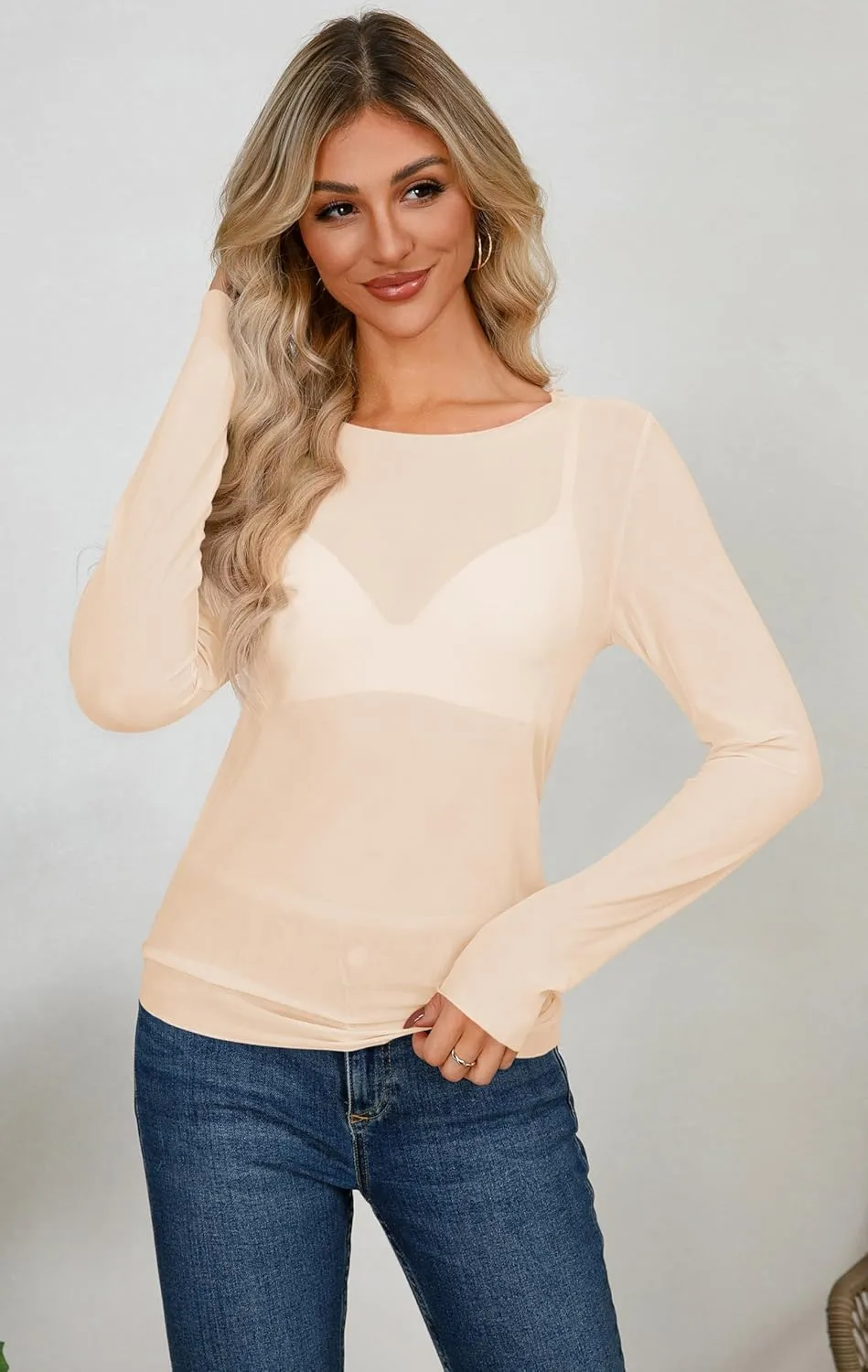 AISEW Womens Lace Floral Long Sleeve Mesh Tops Round Neck Sheer Blouse Sexy See Through Layering Top Shirts