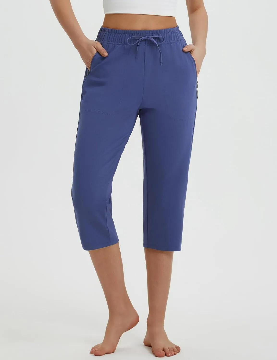baleaf Womens Yoga Capri Pants with Zipper Pockets Summer Drawstring Capris Joggers Lounge Crop 19"