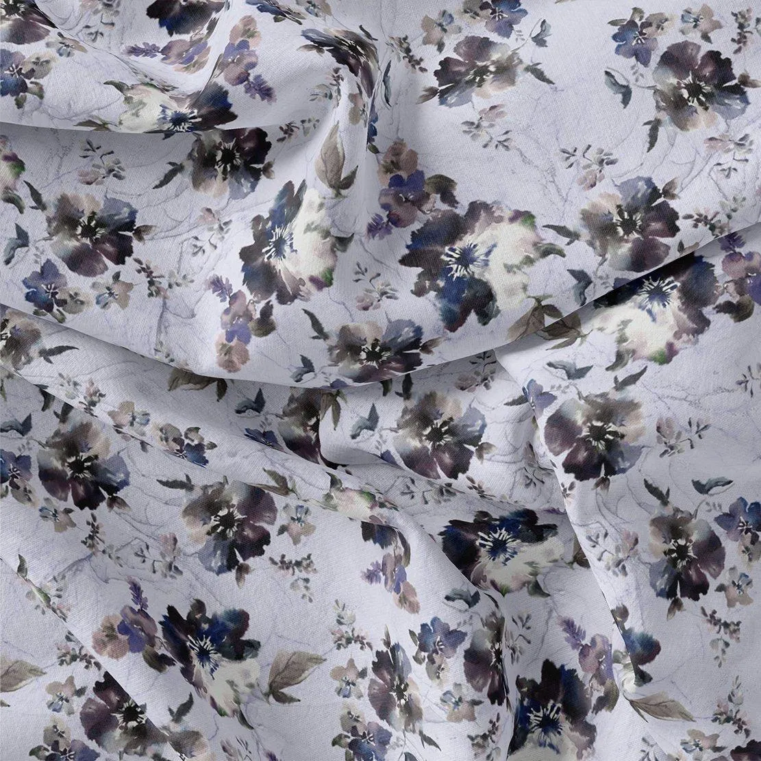 Beautiful Pansy Blue Flower Digital Printed Fabric - Muslin