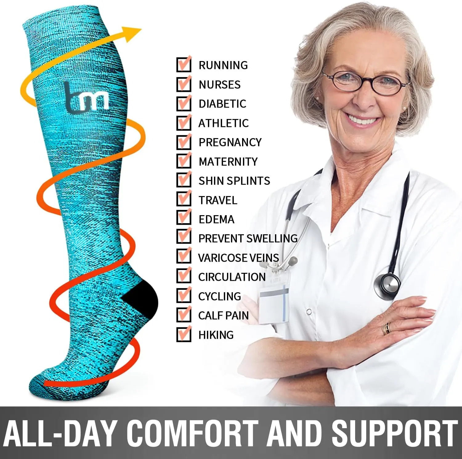 Bluemaple 6 Pack Copper Compression Socks for Women and Men Circulation-Best Support for Medical, Running,Nursing,Athletic