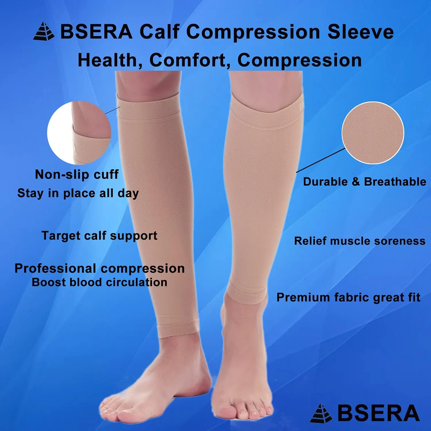 BSERA Calf Compression Sleeve Women, 2 Pairs 20-30mmHg Footless Compression Socks for Swelling Shin Splints Varicose Veins