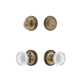 Classic Rosette Entry Set with Crystal Meadows Knob in Antique Brass