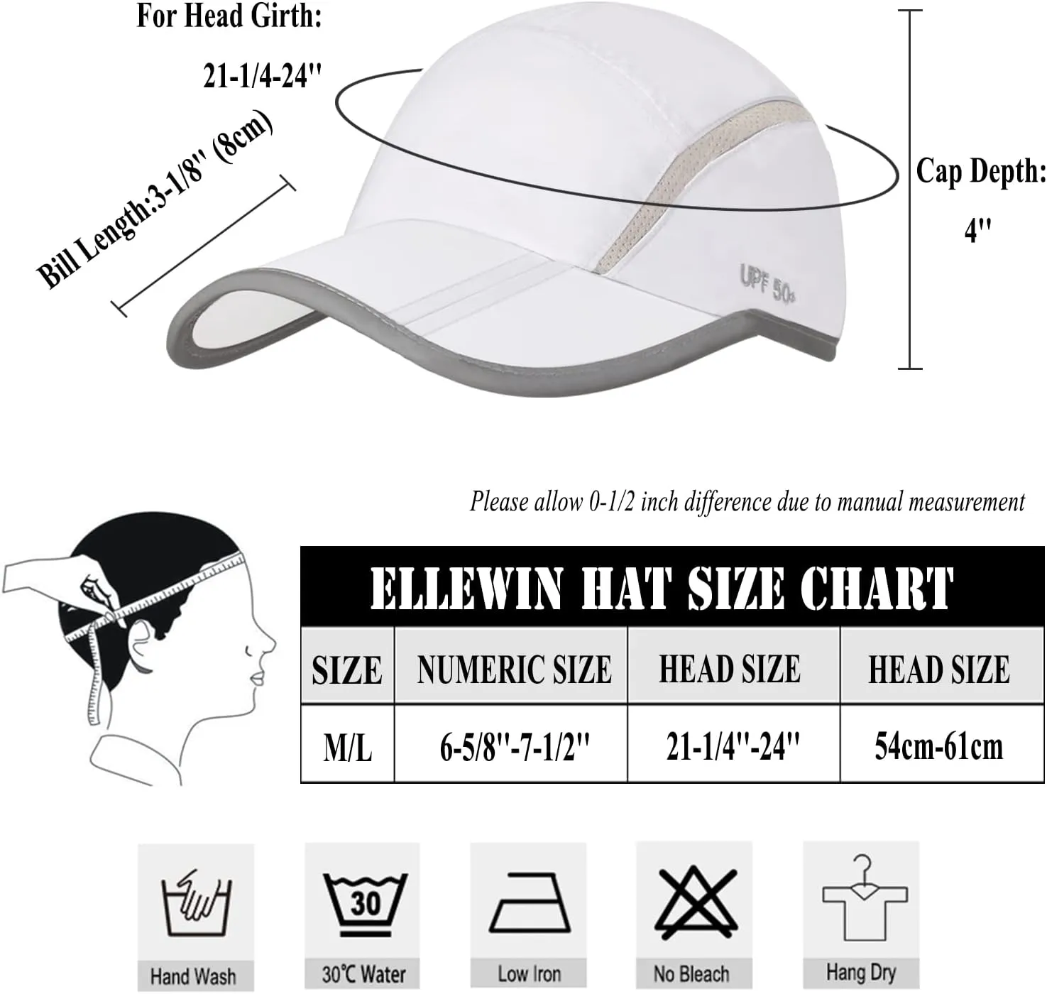 ELLEWIN Unisex Baseball Cap UPF 50 Unstructured Hat with Foldable Long Large Bill