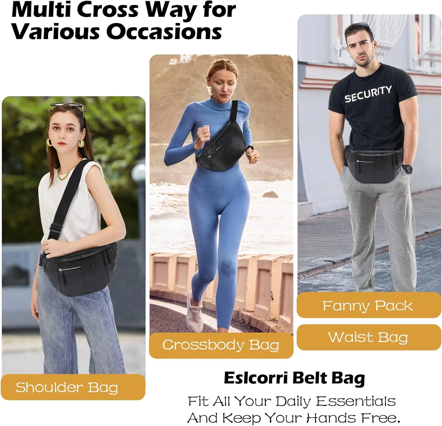 Eslcorri Belt Bag for Women Men - Stylish Crossbody Bags Everywhere Fanny Pack Vegan Leather Unisex Chest Bum Waist Packs Casual Shoulder Sling Purse for Workout Traveling Running Shopping