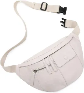 Eslcorri Fanny Pack for Women Men - Fashionable Crossbody Bags Everywhere Belt Bag Vegan Leather Unisex Chest Bum Waist Packs Casual Shoulder Sling Purse for Travel Camping Hiking Running - Beige