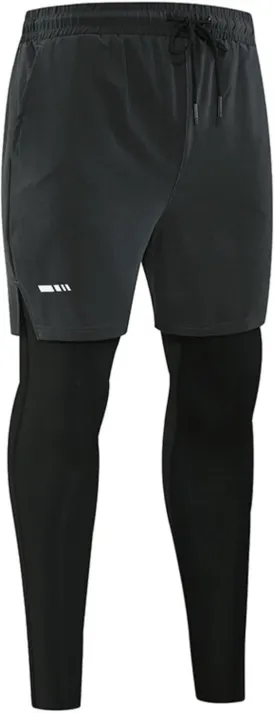 Men's Compression Leggings with Shorts Pants Two-Piece for Running and Sports Yoga
