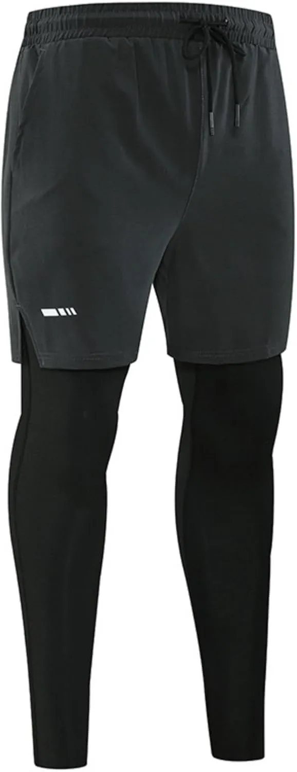 Men's Compression Leggings with Shorts Pants Two-Piece for Running and Sports Yoga