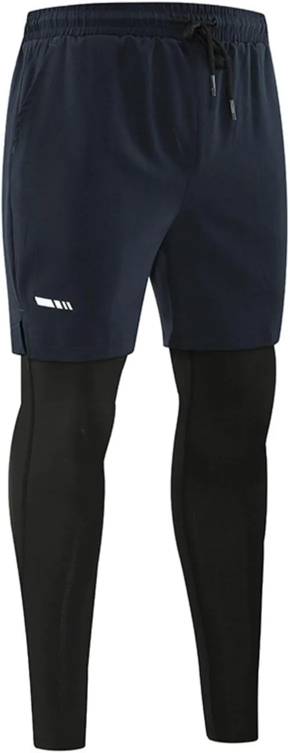 Men's Compression Leggings with Shorts Pants Two-Piece for Running and Sports Yoga