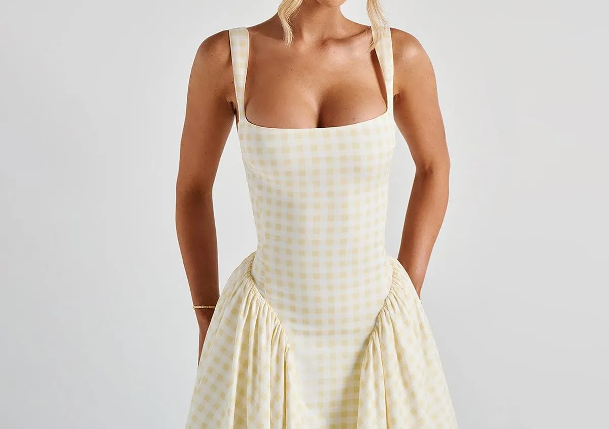 Summer Gingham Long Dress Corset Square Neck Lace Up Casual Sundress Backless A Line Short Dresses for Women