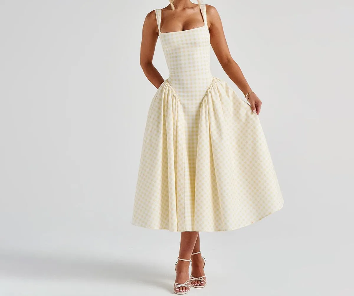 Summer Gingham Long Dress Corset Square Neck Lace Up Casual Sundress Backless A Line Short Dresses for Women