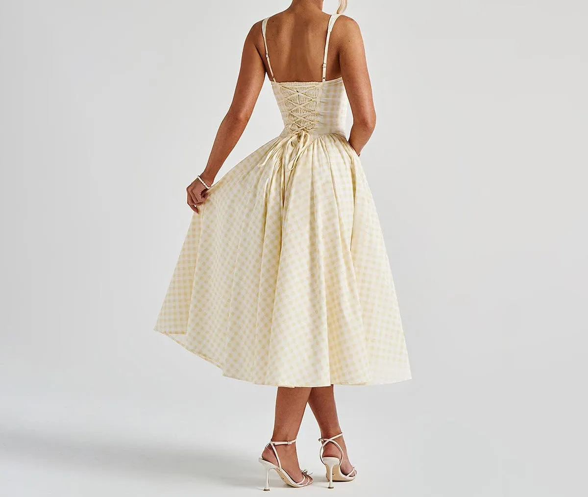 Summer Gingham Long Dress Corset Square Neck Lace Up Casual Sundress Backless A Line Short Dresses for Women