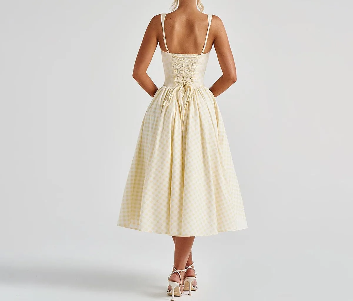 Summer Gingham Long Dress Corset Square Neck Lace Up Casual Sundress Backless A Line Short Dresses for Women