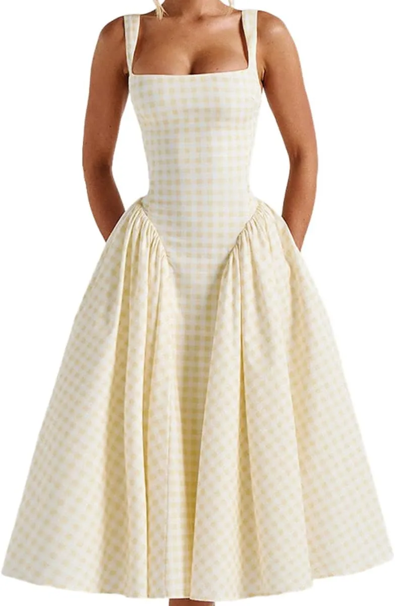 Summer Gingham Long Dress Corset Square Neck Lace Up Casual Sundress Backless A Line Short Dresses for Women