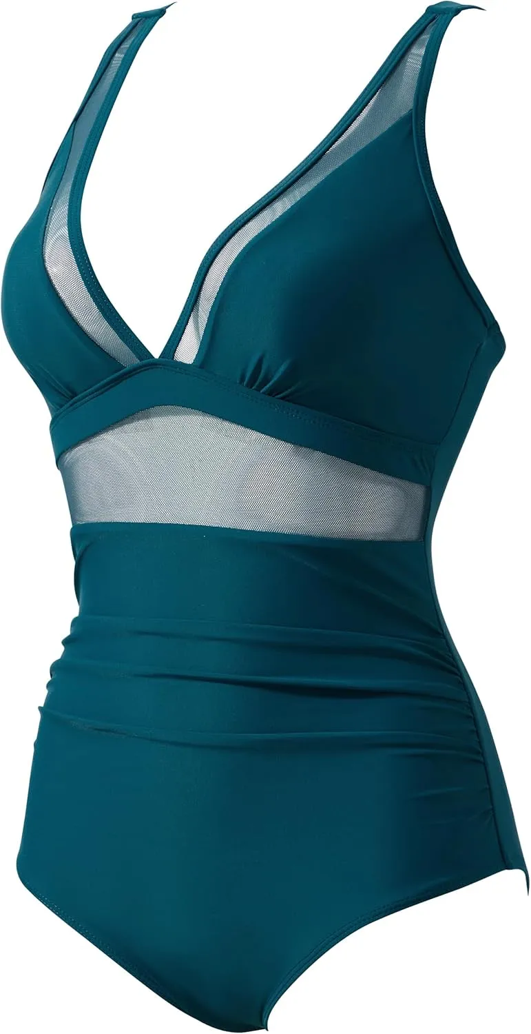 SUUKSESS Women Sexy Mesh Tummy Control Swimsuit Push Up High Waisted Bathing Suit