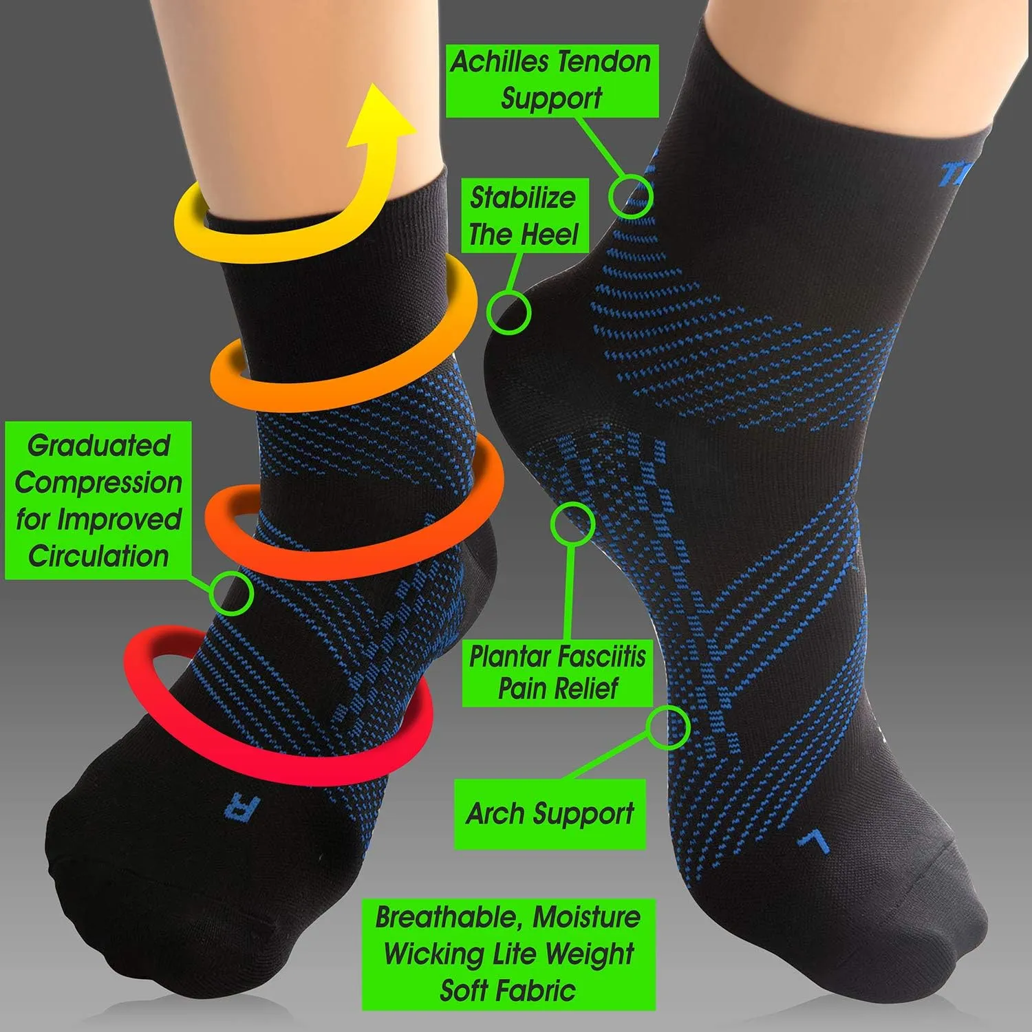 TechWare Pro Plantar Fasciitis Socks - Ankle Compression Socks for Women & Men. Achilles Tendonitis Brace & Foot Arch Support